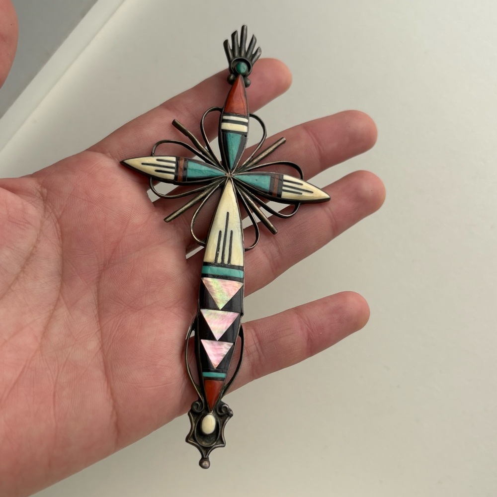 Sterling Zuni Adeline Bownannie Turquoise MOP Onyx  Coral inlay mosaic cross - Picture 8 of 16